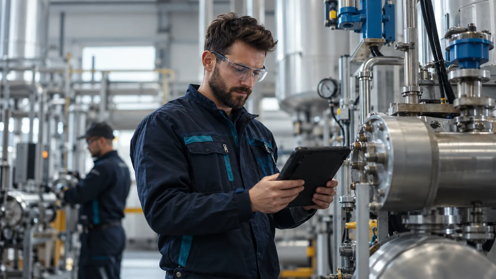 Escena ilustrativa de un técnico consultando una tableta junto a equipos industriales