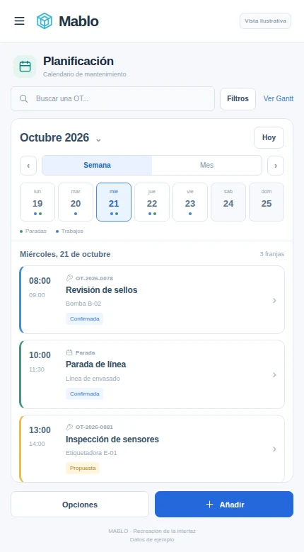 Vista ilustrativa de la agenda móvil de MABLO con intervenciones del día y su estado de planificación