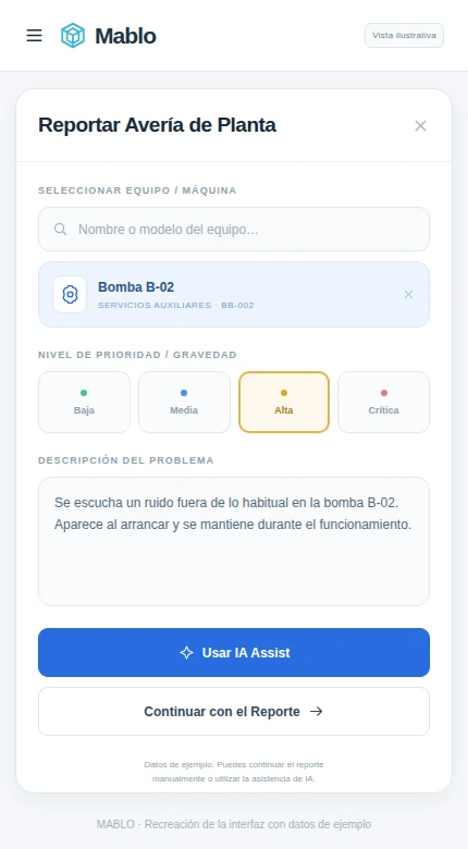 Vista ilustrativa del formulario móvil de nueva avería con equipo, prioridad y descripción