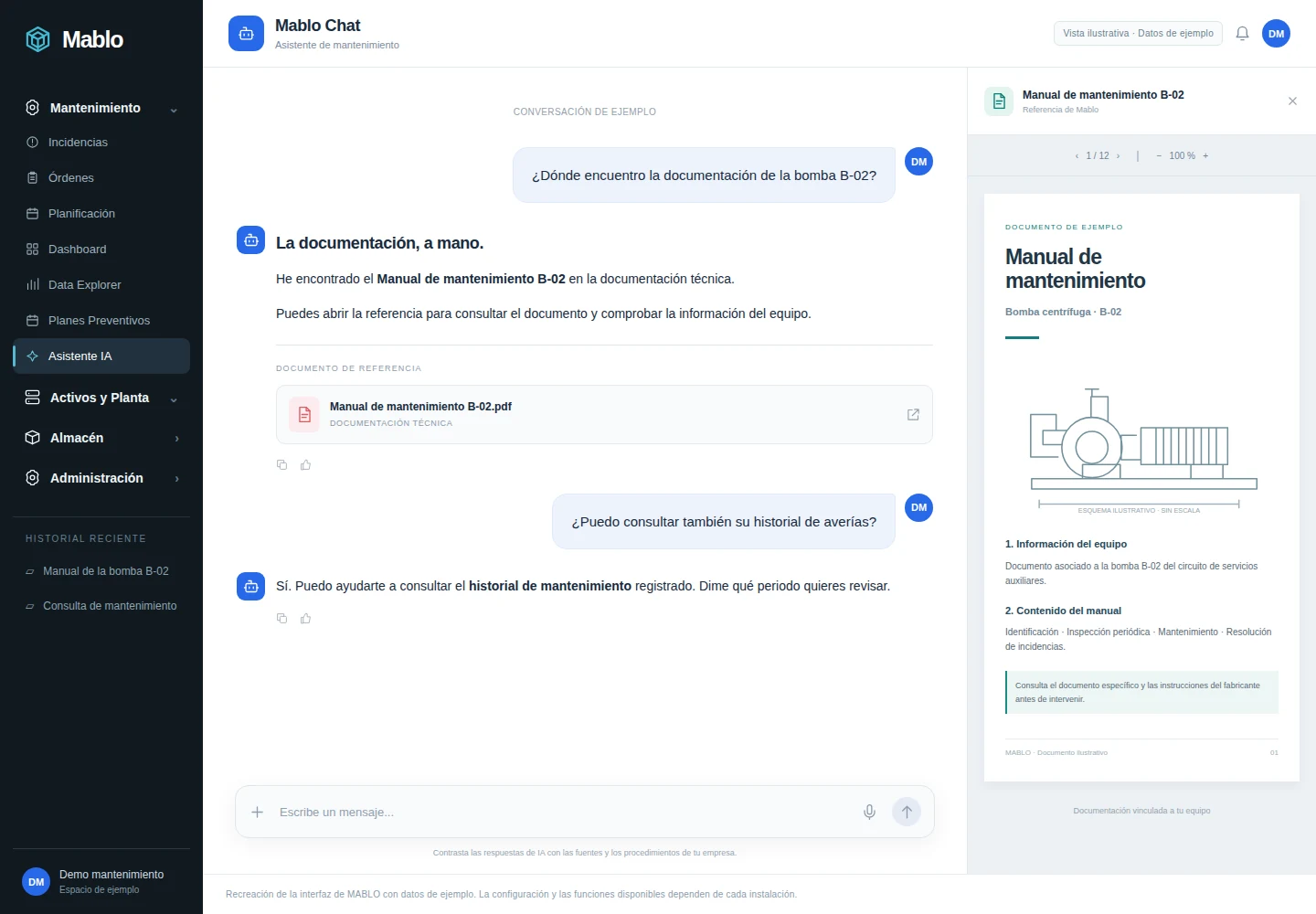Vista ilustrativa del chat de MABLO: consulta técnica con contexto del equipo y referencias documentales
